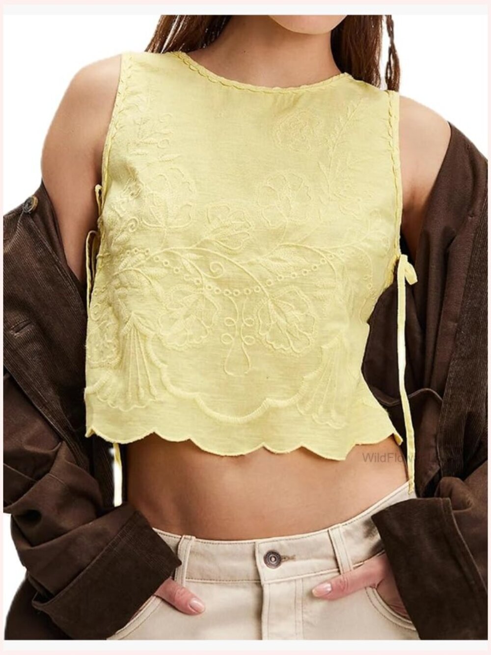 Floral Embroidered Side Tie Crop Tank Top Y2k Vest Babydoll Blouse